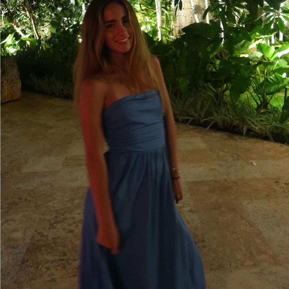 Reformation Blue Strapless Sundress for Weddings